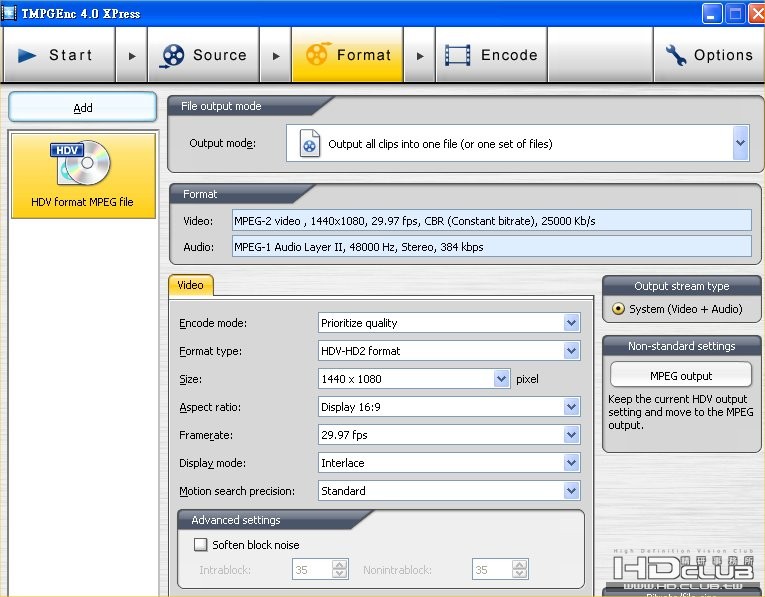 Select HDV format and then click MPEG output button.jpg