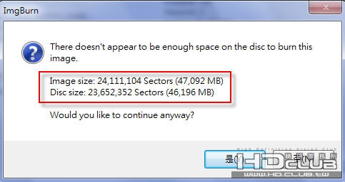 ISO 轉 BD-RE DL (50G->50G) 超過容量錯誤訊息