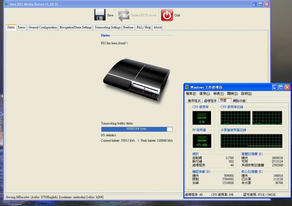 經 PS3 Media Server ( "沒有加上" 中文字幕 ) CPU 佔用率 = 8 %